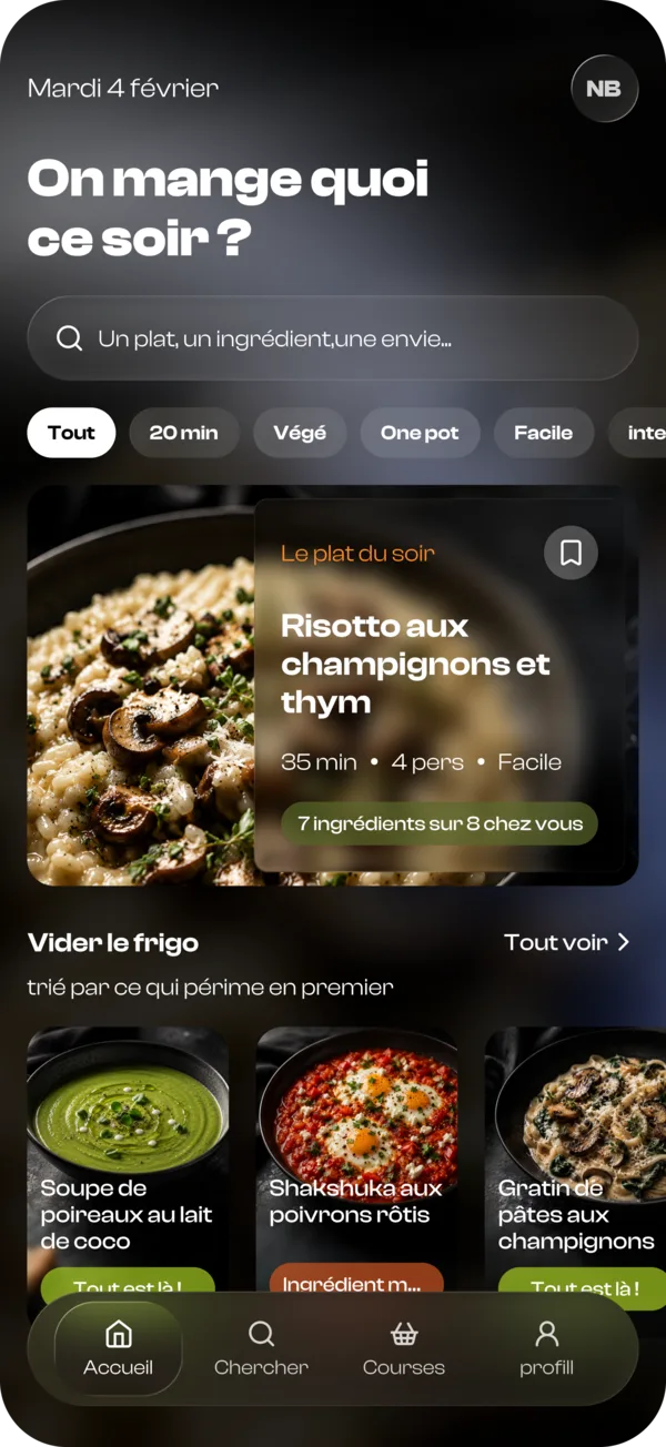 Écran d'une app de recettes