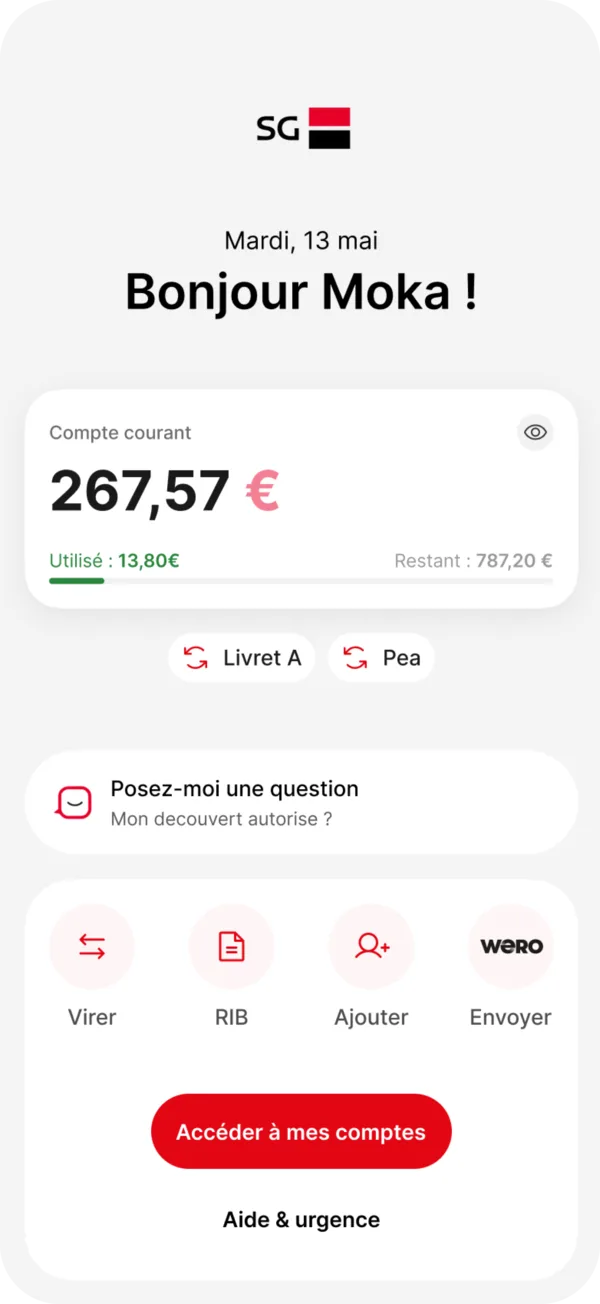 Écran d'accueil d'une app bancaire Société Générale, projet personnel